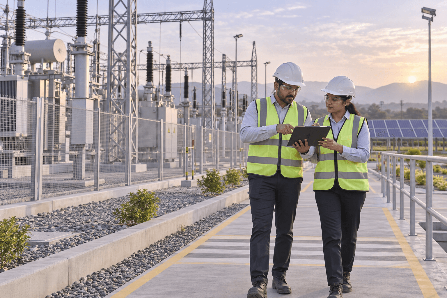 AI-generated illustration of utility engineers wearing protective equipment and reviewing a tablet beside a substation.