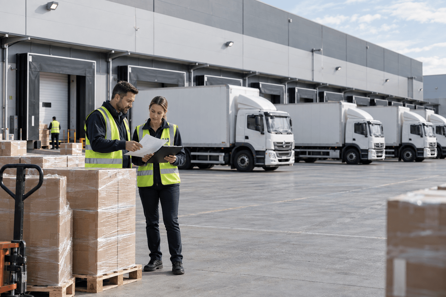 AI-generated illustration of a distribution team reviewing records beside parked delivery trucks.