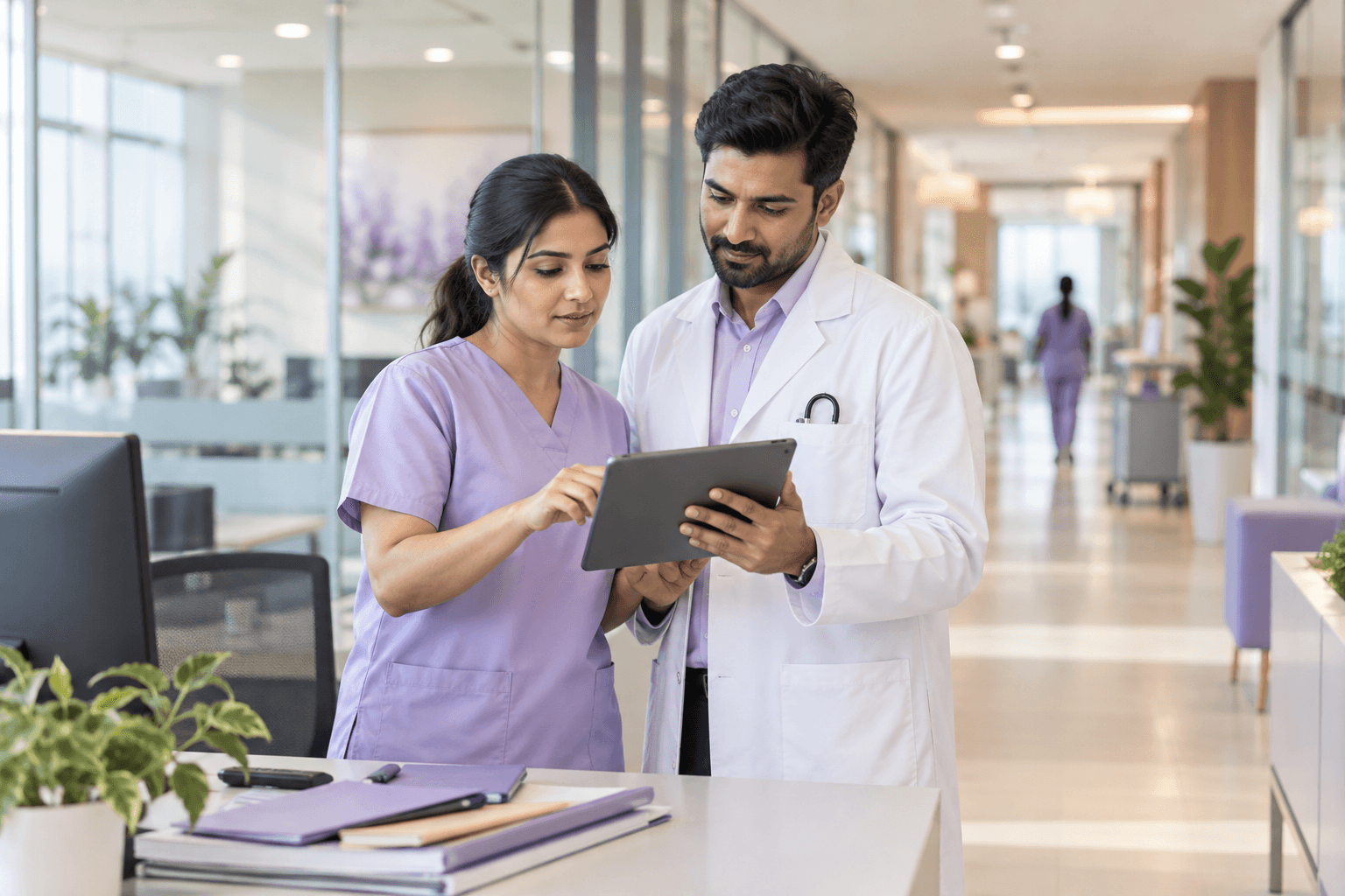 Illustration of healthcare colleagues reviewing operational information together in a modern hospital.