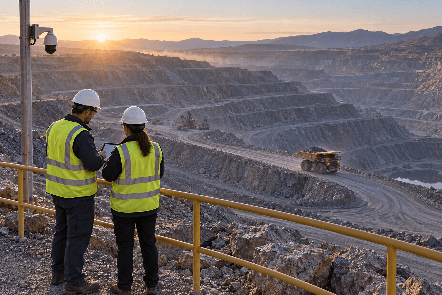 AI-generated illustration of mining supervisors reviewing a tablet in a protected observation area, with CCTV and a haul truck in an open-pit mine.