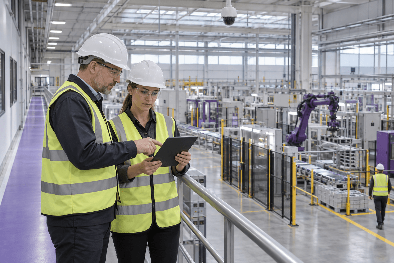 Illustrative industrial setting with safety professionals, an overhead camera and several working areas.