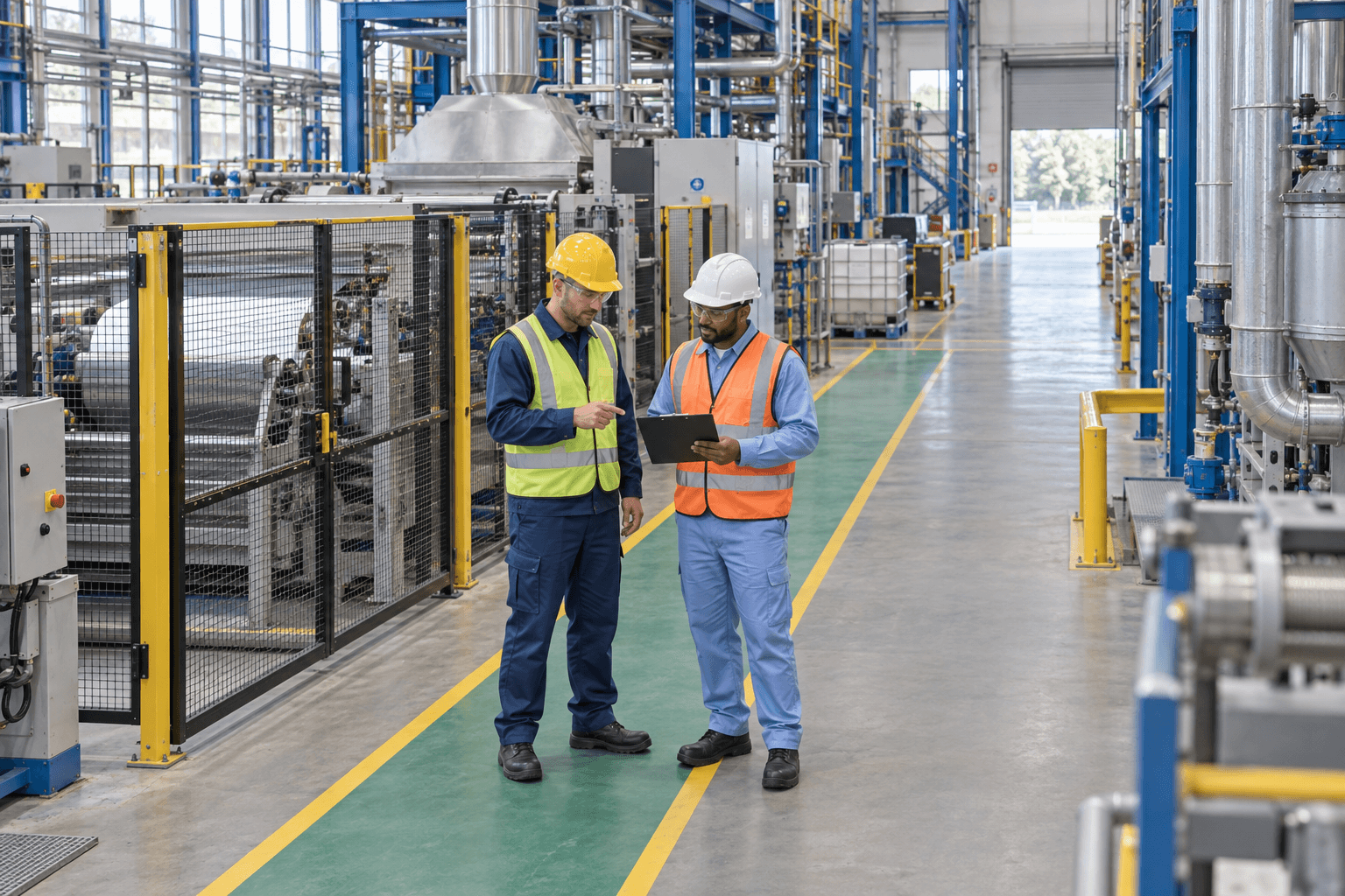 AI-generated illustrative workplace: two workers wearing PPE beside guarded industrial machinery.