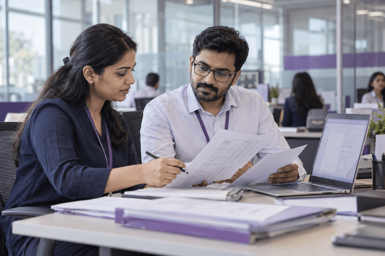 AI-generated illustration of banking operations professionals reviewing financial documents together in a modern office.