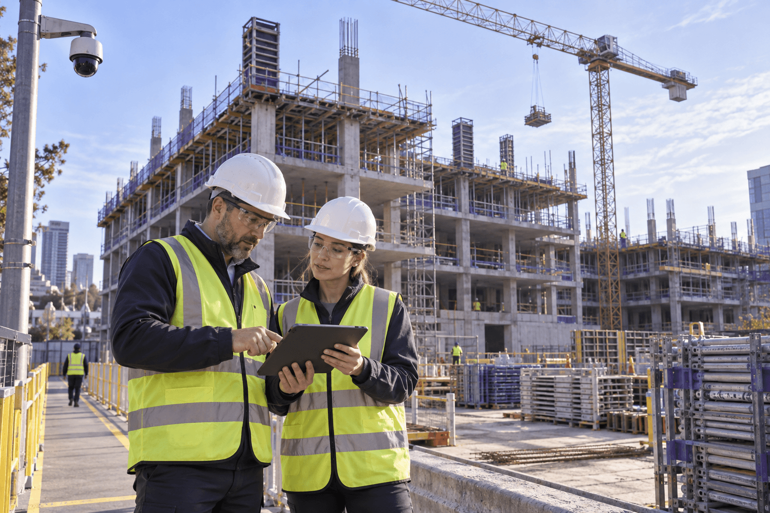 AI-generated construction scene showing safety supervisors reviewing a tablet beside a pedestrian walkway, with CCTV overlooking the building site.