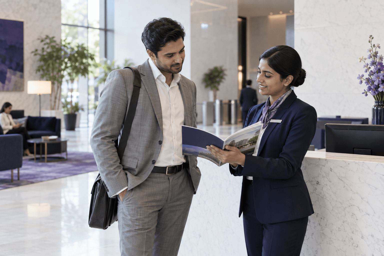 AI-generated illustration of a corporate visitor-information setting.