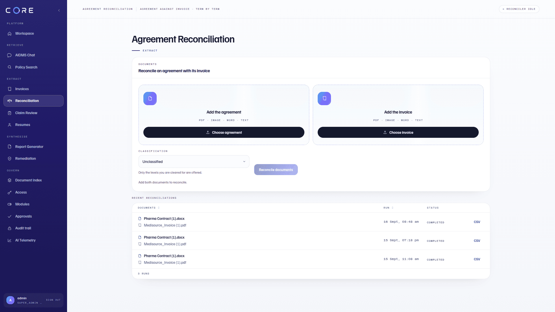 Actual Ainfinite Core Agreement Reconciliation screen with agreement and invoice inputs, classification and recent reconciliations.
