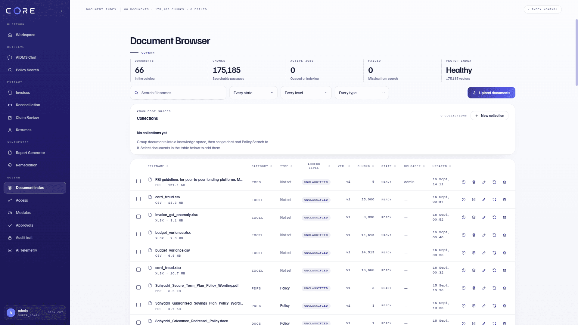 Actual Ainfinite Core Document Browser showing indexed documents, source filenames, versions and access levels.