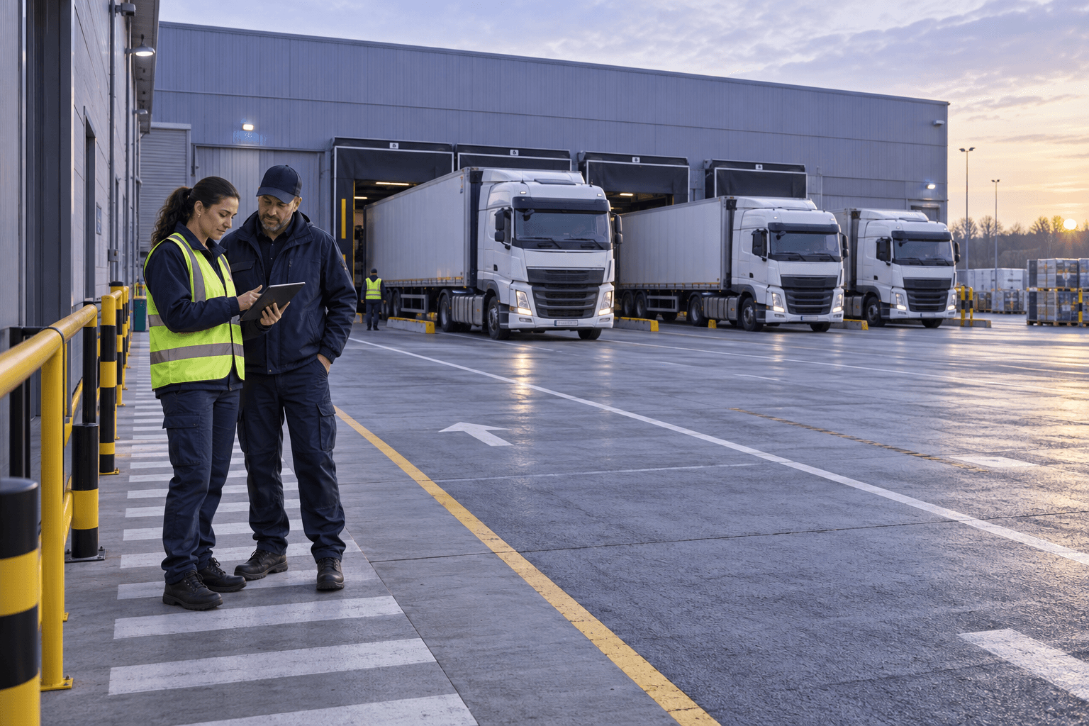 AI-generated scene of a logistics supervisor reviewing a tablet with a driver on a pedestrian walkway beside trucks at a distribution centre.