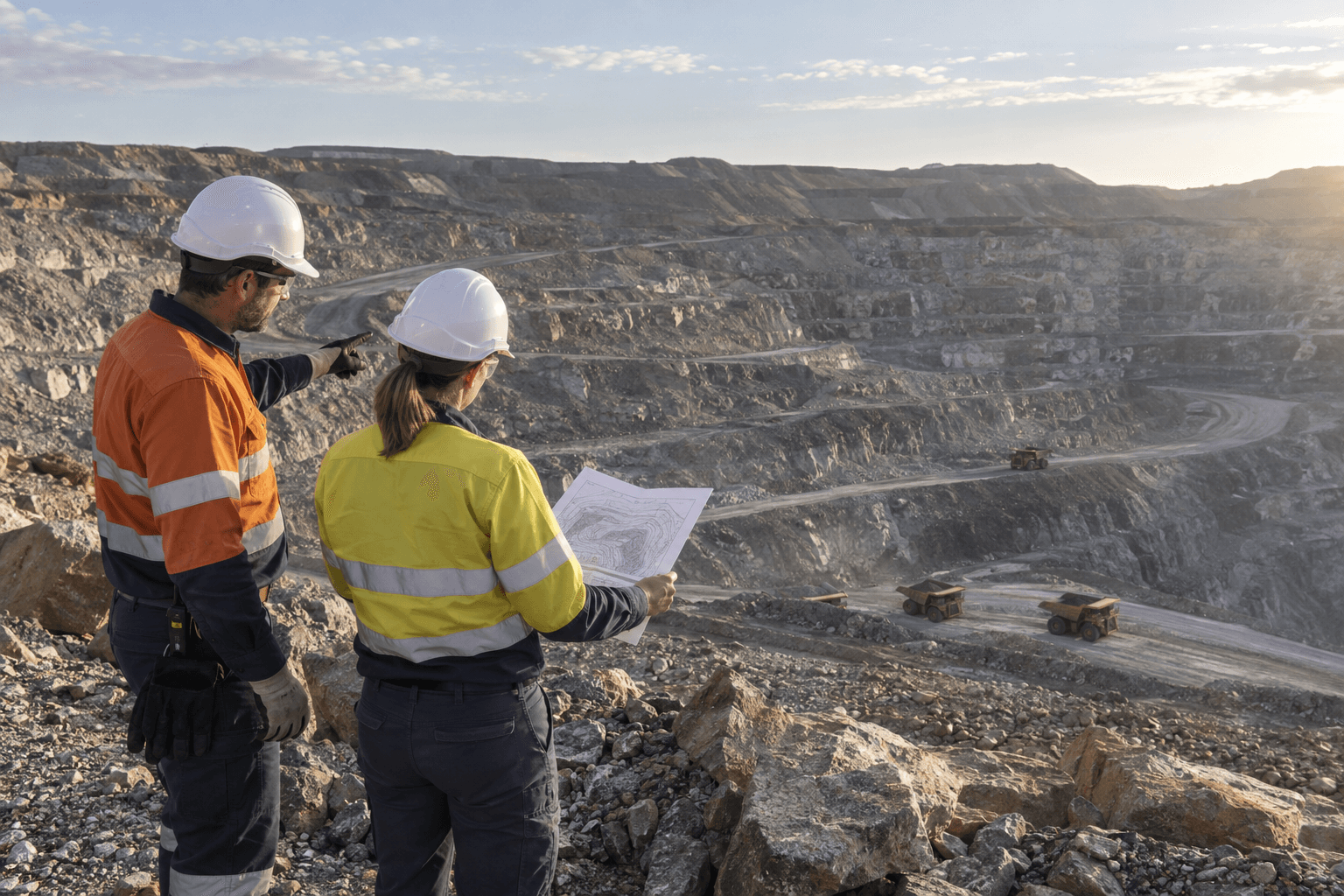 AI-generated illustration of mining professionals reviewing operational records from a safe mine observation area.