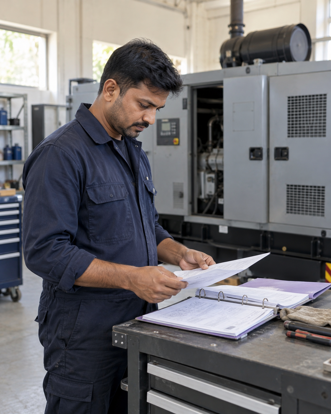 Illustrative maintenance engineer checking a service record beside a base-support generator