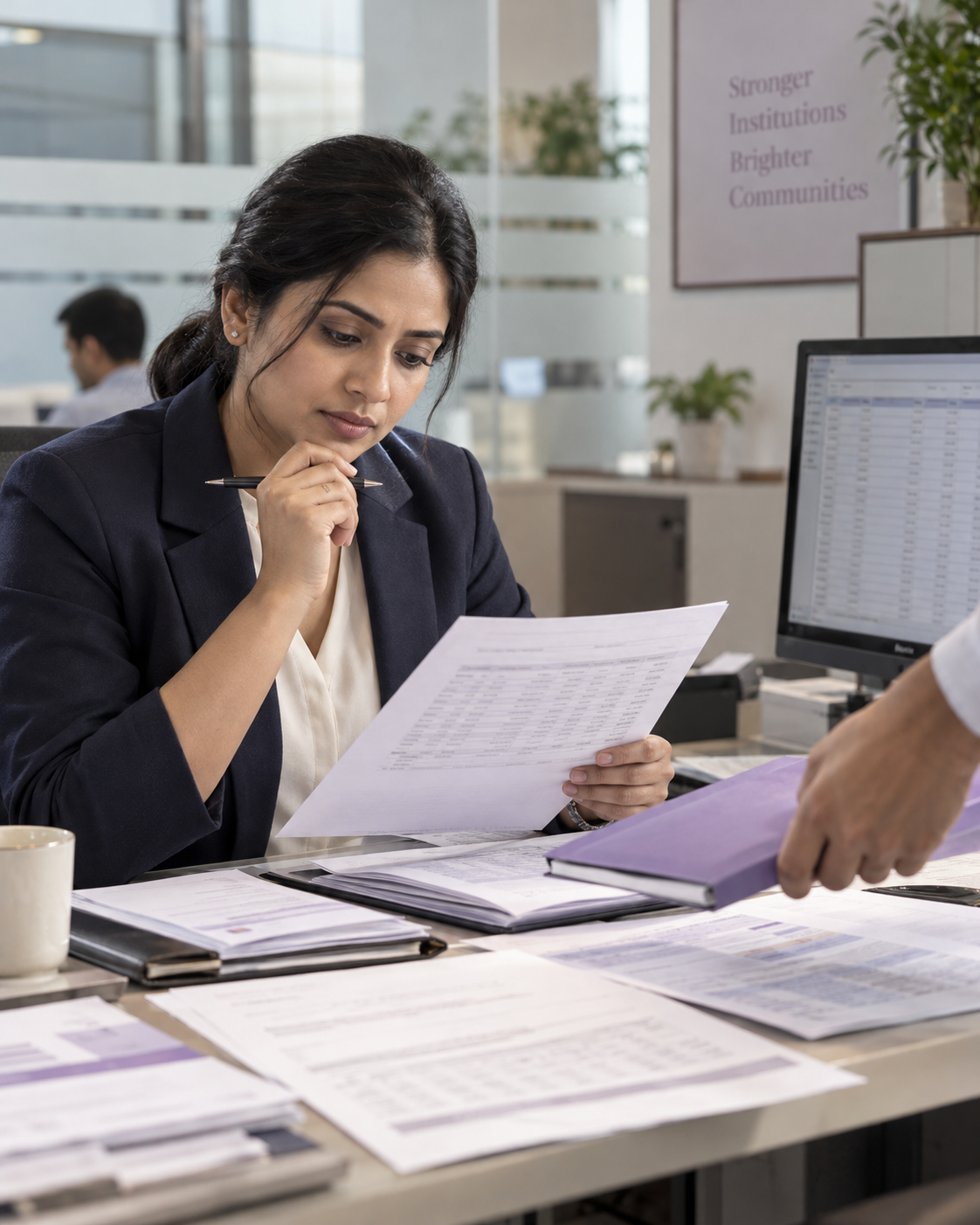 Illustrative banking officer reviewing financial documents and policy records