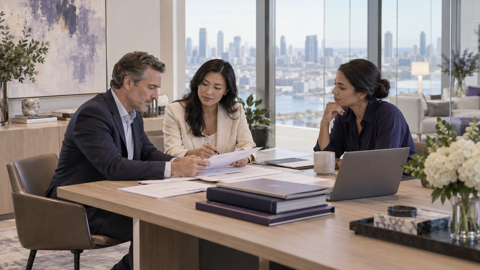 Family office colleagues reviewing documents together