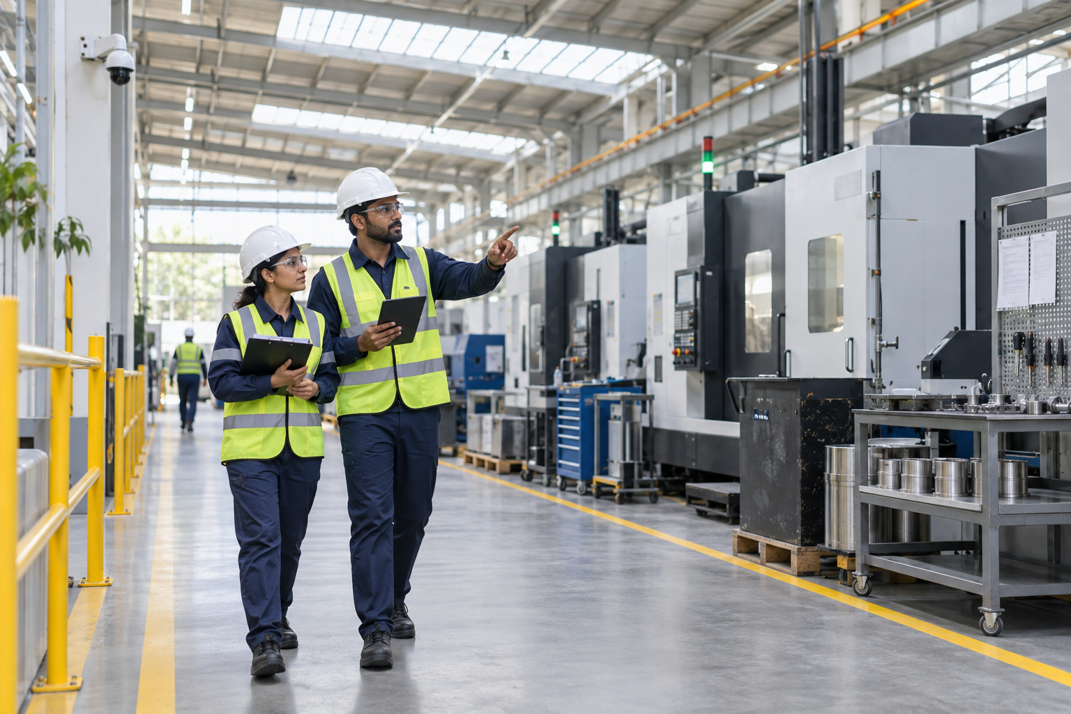AI-generated illustration of manufacturing engineers in protective equipment beside production machinery and an installed CCTV camera.